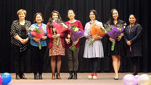 SUBMITTED PHOTO

L-R: Janice Lukes (city councillor, South Winnipeg  St. Norbert Ward), Outstanding Woman Award recipients Jade Wang (entrepreneur, Winplus International Immigration and Education Services), Jennifer Chen (community activist), Shouping Zhang (entrepreneur, CanadaChina Group Buy), Ivy Yi (entrepreneur) and Xiaoyang Hou (student), and Devi Sharma (city councillor, Old Kildonan Ward) at the Manitoba Chinese Women's Association's annual International Women's Day celebration on March 10, 2018. (See Social Page)