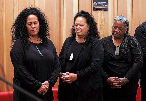 PHIL HOSSACK / WINNIPEG FREE PRESS - left to right - Eva Trebilcock, Katie Murray and Rima Witanga listen intently to the aboriginal elder's prayer of welcome the received as visiting Maori here in Manitoba working for reconciliation of Aborigional Families at home in New Zealand and world wide.  See Alex Paul's story.- March 26, 2018