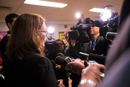 MIKAELA MACKENZIE / WINNIPEG FREE PRESS
Jane Philpott, Minister of Indigenous Services, scrums with the media after announcing funding to support Ndinawe Youth Resource Centre expansion in memory of Tina Fontaine in Winnipeg on Tuesday, March 27, 2018.
Mikaela MacKenzie / Winnipeg Free Press 27, 2018.