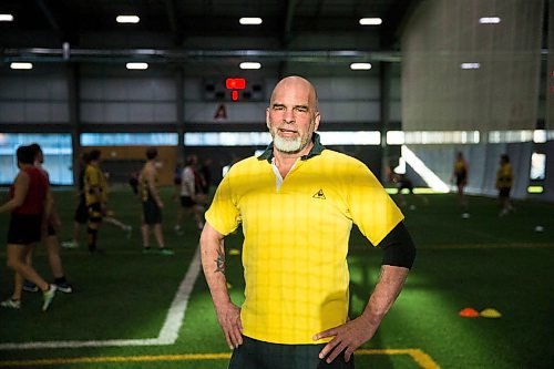 MIKAELA MACKENZIE / WINNIPEG FREE PRESS
Marc Pellerin, member of the Winnipeg Wasps, poses for a portrait during a break in practice at the Axworthy Health & RecPlex in Winnipeg on Saturday, March 31, 2018. They are preparing for the 2018 Golden Oldies World Rugby Festival in Christchurch, New Zealand at the end of April.
Mikaela MacKenzie / Winnipeg Free Press 31, 2018.