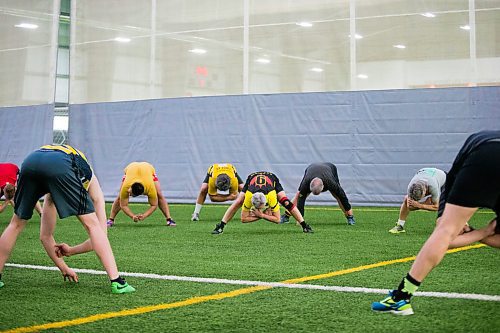 MIKAELA MACKENZIE / WINNIPEG FREE PRESS
The Winnipeg Wasps, an rugby team with members ranging from 40 to 73 years of age, stretch during practice at the Axworthy Health & RecPlex in Winnipeg on Saturday, March 31, 2018. They are preparing for the 2018 Golden Oldies World Rugby Festival in Christchurch, New Zealand at the end of April.
Mikaela MacKenzie / Winnipeg Free Press 31, 2018.