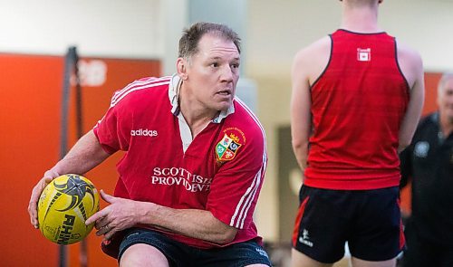 MIKAELA MACKENZIE / WINNIPEG FREE PRESS
Winnipeg Wasp Darren Raeside runs with the ball at a practice at the Axworthy Health & RecPlex in Winnipeg on Saturday, March 31, 2018. They are preparing for the 2018 Golden Oldies World Rugby Festival in Christchurch, New Zealand at the end of April.
Mikaela MacKenzie / Winnipeg Free Press 31, 2018.