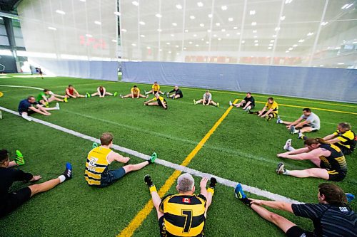 MIKAELA MACKENZIE / WINNIPEG FREE PRESS
The Winnipeg Wasps, an rugby team with members ranging from 40 to 73 years of age, stretch during practice at the Axworthy Health & RecPlex in Winnipeg on Saturday, March 31, 2018. They are preparing for the 2018 Golden Oldies World Rugby Festival in Christchurch, New Zealand at the end of April.
Mikaela MacKenzie / Winnipeg Free Press 31, 2018.