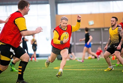 MIKAELA MACKENZIE / WINNIPEG FREE PRESS
Winnipeg Wasp Sid Roberts runs with the ball at a practice at the Axworthy Health & RecPlex in Winnipeg on Saturday, March 31, 2018. They are preparing for the 2018 Golden Oldies World Rugby Festival in Christchurch, New Zealand at the end of April.
Mikaela MacKenzie / Winnipeg Free Press 31, 2018.