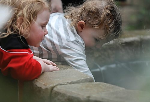 RUTH BONNEVILLE / WINNIPEG FREE PRESS

Heath Moeller -right (2yrs) and Alexandra Grant - red (3yrs) dip their hands into the  wishing well fountain in the atrium of the Assiniboine Park Conservatory on its final opening day Monday.
Standup photo 

April 02,  2018
