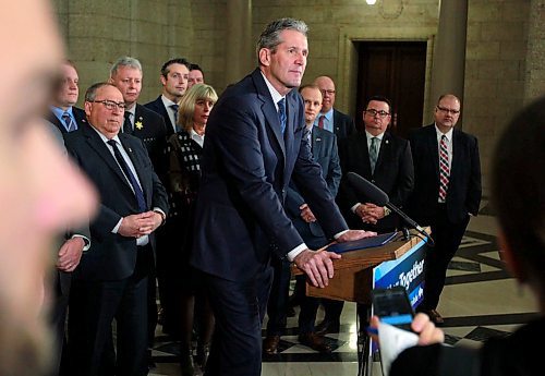 BORIS MINKEVICH / WINNIPEG FREE PRESS
Ambulance fees announcement in the Rotunda of the Legislative Building. Premier Brian Pallister talks to the press with his team behind him. April 3, 2018