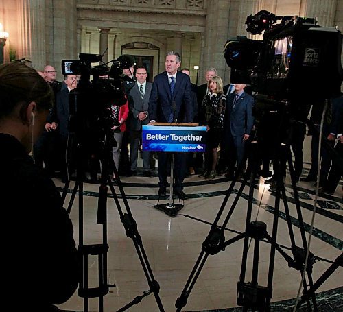 BORIS MINKEVICH / WINNIPEG FREE PRESS
Ambulance fees announcement in the Rotunda of the Legislative Building. Premier Brian Pallister talks to the press. April 3, 2018