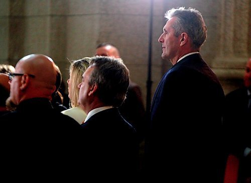 BORIS MINKEVICH / WINNIPEG FREE PRESS
Ambulance fees announcement in the Rotunda of the Legislative Building. Premier Brian Pallister stands behind and watches. April 3, 2018