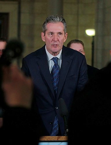 BORIS MINKEVICH / WINNIPEG FREE PRESS
Ambulance fees announcement in the Rotunda of the Legislative Building. Premier Brian Pallister talks to the press. April 3, 2018