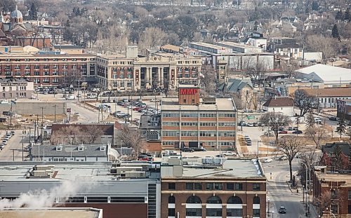 MIKE DEAL / WINNIPEG FREE PRESS
The Neeginan Centre and the Manitoba Metis Federation building seen from the 27th floor of the Richardson Building at Winnipeg's Portage and Main.
180404 - Wednesday, April 04, 2018.