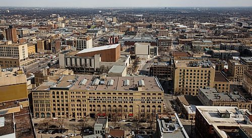 MIKE DEAL / WINNIPEG FREE PRESS
The Ashdown Warehouse and the East Exchange seen from the 27th floor of the Richardson Building at Winnipeg's Portage and Main.
180404 - Wednesday, April 04, 2018.