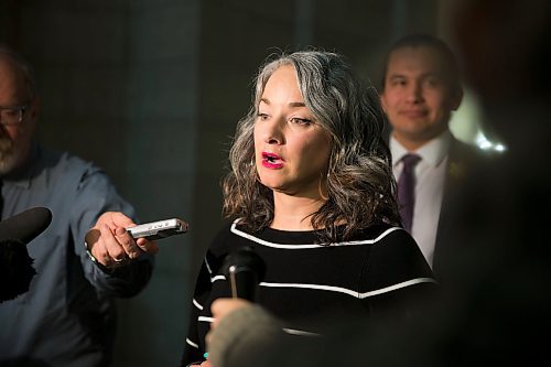 MIKAELA MACKENZIE / WINNIPEG FREE PRESS

NDP MLA Nahanni Fontaine addresses the media on Bill 219, which would prevent employers from requiring servers to wear high heels on the job, at the Manitoba Legislative Building in Winnipeg on Thursday, April 5, 2018. 

Mikaela MacKenzie / Winnipeg Free Press 2018.