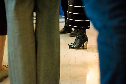 MIKAELA MACKENZIE / WINNIPEG FREE PRESS
NDP MLA Nahanni Fontaine addresses the media on Bill 219, which would prevent employers from requiring servers to wear high heels on the job, at the Manitoba Legislative Building in Winnipeg on Thursday, April 5, 2018. 
Mikaela MacKenzie / Winnipeg Free Press 2018.