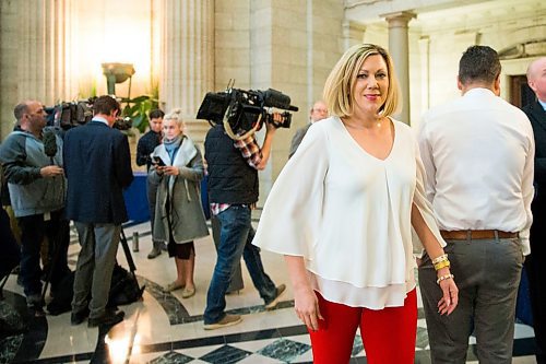 MIKAELA MACKENZIE / WINNIPEG FREE PRESS
Rochelle Squires, minister responsible for the status of women, scrums with the media on bill 219, which would prevent employers from requiring servers to wear high heels on the job, at the Manitoba Legislative Building in Winnipeg on Thursday, April 5, 2018. 
Mikaela MacKenzie / Winnipeg Free Press 2018.