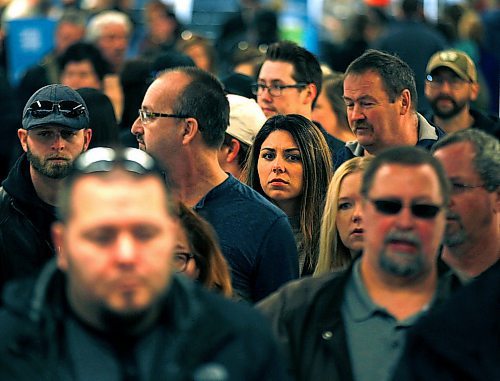 PHIL HOSSACK / WINNIPEG FREE PRESS -  Home and Garden Show patrons lined up dozens deep getting upstairs Saturday at the RBC Convention Centre for the popular annual event which runs through Sunday.    - April 7, 2018