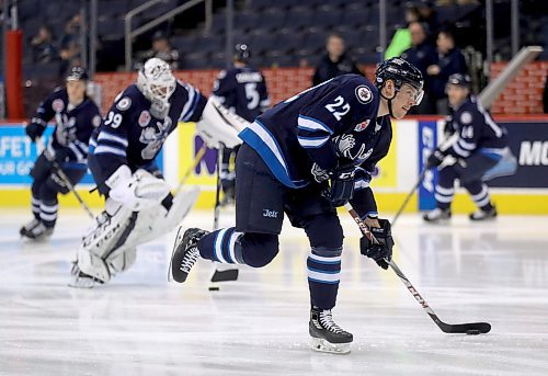 TREVOR HAGAN / WINNIPEG FREE PRESS
Manitoba Moose forward, Darren Kramer (22), during warmup prior to the game against the Bakersfield Condors, Sunday, April 8, 2018.