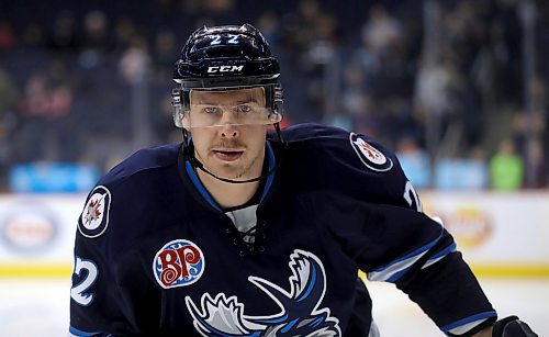 TREVOR HAGAN / WINNIPEG FREE PRESS
Manitoba Moose forward, Darren Kramer (22), during warmup prior to the game against the Bakersfield Condors, Sunday, April 8, 2018.