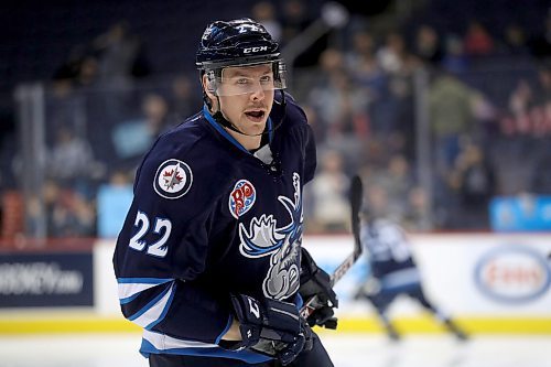 TREVOR HAGAN / WINNIPEG FREE PRESS
Manitoba Moose forward, Darren Kramer (22), during warmup prior to the game against the Bakersfield Condors, Sunday, April 8, 2018.