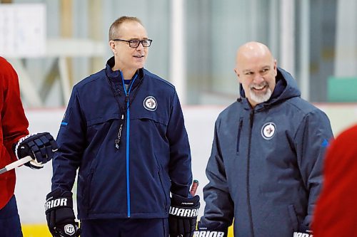 Winnipeg Jets head coach Paul Maurice watches his players during a round one playoff practice in Winnipeg on Monday, April 9, 2018. THE CANADIAN PRESS/John Woods