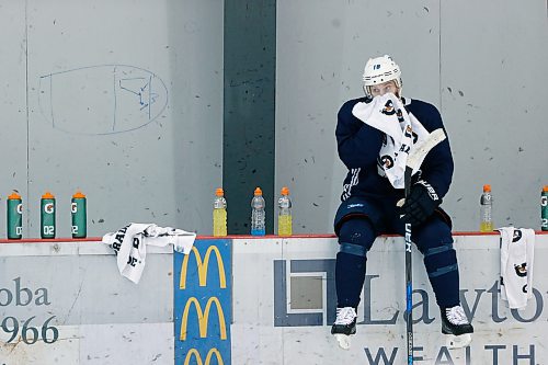 Winnipeg Jets' Bryan Little (18) takes a break during a round one playoff practice in Winnipeg on Monday, April 9, 2018. THE CANADIAN PRESS/John Woods