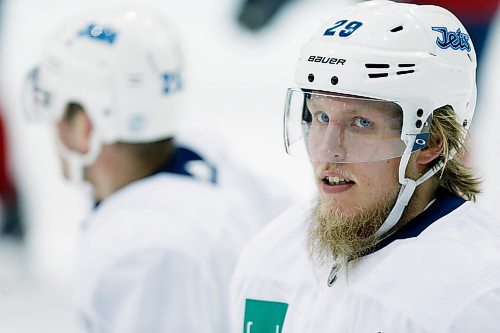 Winnipeg Jets' Patrik Laine (29) during a round one playoff practice in Winnipeg on Monday, April 9, 2018. THE CANADIAN PRESS/John Woods