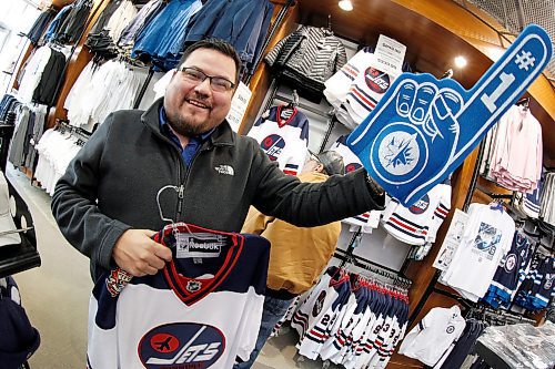 JOHN WOODS / WINNIPEG FREE PRESS
Will shows off his gear in preparation for the White Out at the Winnipeg Jets' first playoff game against the Minnesota Wild Tuesday, April 10, 2018.