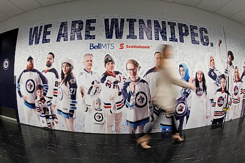 JOHN WOODS / WINNIPEG FREE PRESS
A large banner lines the wall prior to the Winnipeg Jets' first playoff game against the Minnesota Wild Tuesday, April 10, 2018.