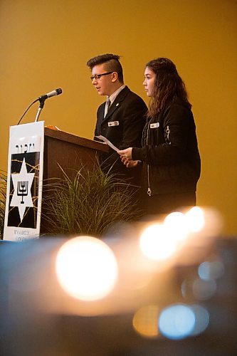 MIKAELA MACKENZIE / WINNIPEG FREE PRESS
Grant Park students Cole Murdoch and Jennifer Shemeluk-Champagne read a poem out loud at the Bnai Brith Canada ceremony, Unto Every Person There Is A Name, in remembrance of the Holocaust at the Manitoba Legislative Building in Winnipeg on Thursday, April 12, 2018. 
Mikaela MacKenzie / Winnipeg Free Press 2018.