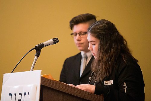 MIKAELA MACKENZIE / WINNIPEG FREE PRESS
Grant Park students Cole Murdoch and Jennifer Shemeluk-Champagne read a poem out loud at the Bnai Brith Canada ceremony, Unto Every Person There Is A Name, in remembrance of the Holocaust at the Manitoba Legislative Building in Winnipeg on Thursday, April 12, 2018. 
Mikaela MacKenzie / Winnipeg Free Press 2018.