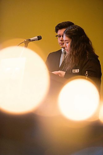 MIKAELA MACKENZIE / WINNIPEG FREE PRESS
Grant Park students Cole Murdoch and Jennifer Shemeluk-Champagne read a poem out loud at the Bnai Brith Canada ceremony, Unto Every Person There Is A Name, in remembrance of the Holocaust at the Manitoba Legislative Building in Winnipeg on Thursday, April 12, 2018. 
Mikaela MacKenzie / Winnipeg Free Press 2018.