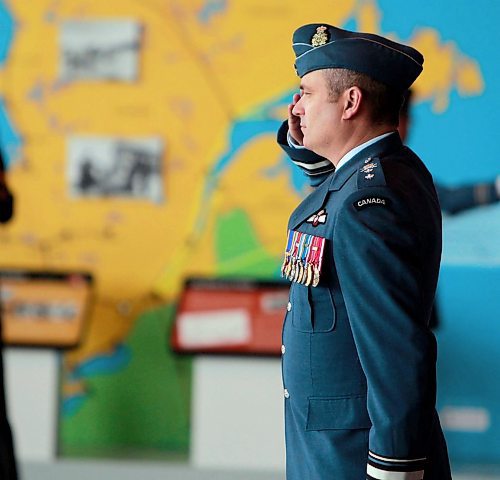 BORIS MINKEVICH / WINNIPEG FREE PRESS
Renaming Ceremony for Canadian Forces School of Aerospace Studies to Honour W/C WilliamG. Barker, Famous Canadian War Heroes at The Royal Aviation Museum of Western Canada, 958 Ferry Road. In photo Major-General Blaise Frawley. April 12, 2018