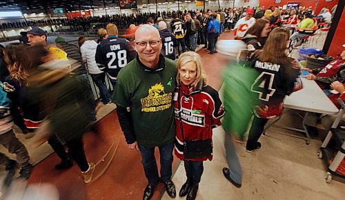 PHIL HOSSACK / WINNIPEG FREE PRESS -  Parents of Virden Oil Capitols Riley McVeigh, Cam and Shelly McVeigh pose in the concourse at the Virden Tundra Oil Gas Place  Thursday. In town from Calgary to support their son they plan on carrying on to Steinbach for the third game Saturday in the final MJHL series. Melissa Martin story.- April 12, 2018