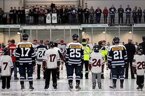 PHIL HOSSACK / WINNIPEG FREE PRESS -  Steinbach Pistons and the Virden Oil Capitals wear "Broncos" as a tribute to the Humbolt Broncos at the Virden Tundra Oil Gas Place  Thursday. Melissa Martin story.- April 12, 2018