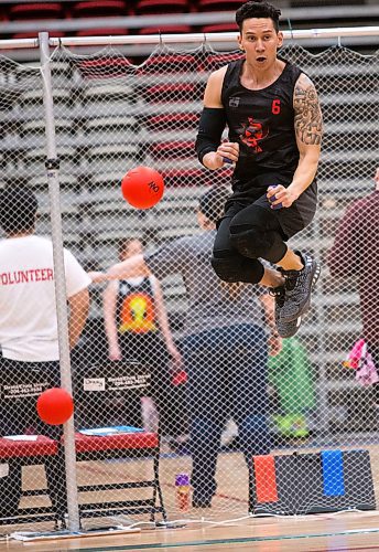 MIKAELA MACKENZIE / WINNIPEG FREE PRESS
Mike Garcia plays a match at the Canadian national team dodgeball trials at the Duckworth Centre in Winnipeg on Friday, April 13, 2018. 
Mikaela MacKenzie / Winnipeg Free Press 2018.