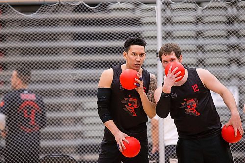 MIKAELA MACKENZIE / WINNIPEG FREE PRESS
Mike Garcia and Rylan Yarjdu confer during a match at the Canadian national team dodgeball trials at the Duckworth Centre in Winnipeg on Friday, April 13, 2018. 
Mikaela MacKenzie / Winnipeg Free Press 2018.