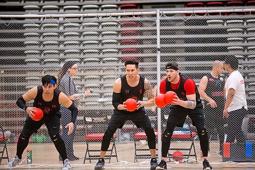 MIKAELA MACKENZIE / WINNIPEG FREE PRESS
Chris Moises (left), Mike Garcia, and Rylan Yarjdu play a match at the Canadian national team dodgeball trials at the Duckworth Centre in Winnipeg on Friday, April 13, 2018. 
Mikaela MacKenzie / Winnipeg Free Press 2018.