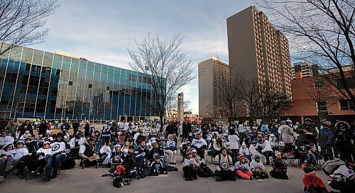 PHIL HOSSACK / WINNIPEG FREE PRESS -The Winnipeg Jet's youngest fans enjoyed their own party space Friday evening in the Millenium Library's courtyard. Stand-Up - April 13, 2018