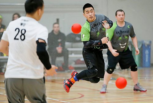 JOHN WOODS / WINNIPEG FREE PRESS
Rampage's Richard Tom Sing dodges a Z Warriors' throw as they compete in the semi-final of the National Dodgeball Championship at the University of Winnipeg Sunday, April 15, 2018.