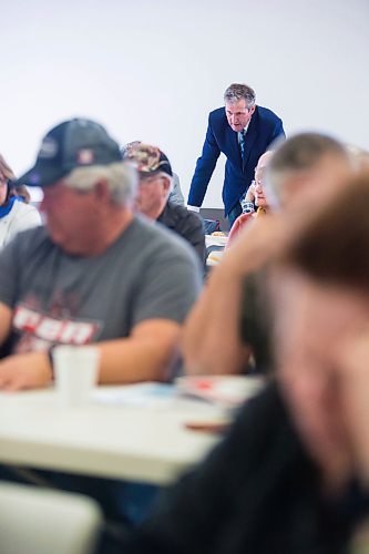 MIKAELA MACKENZIE / WINNIPEG FREE PRESS
Premier Brian Pallister says hello to people at a town hall on the proposed Lake Manitoba outlet in St. Laurent, Manitoba on Monday, April 16, 2018. 
Mikaela MacKenzie / Winnipeg Free Press 2018.