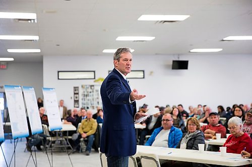 MIKAELA MACKENZIE / WINNIPEG FREE PRESS
Premier Brian Pallister speaks at a town hall on the proposed Lake Manitoba outlet in St. Laurent, Manitoba on Monday, April 16, 2018. 
Mikaela MacKenzie / Winnipeg Free Press 2018.