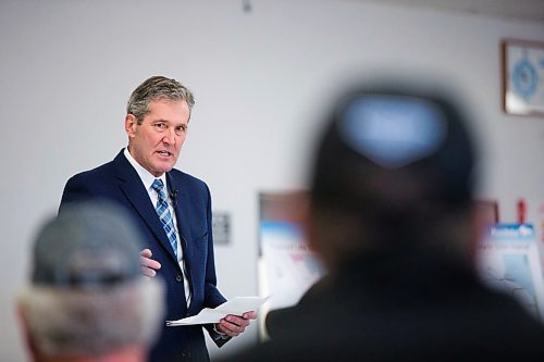 MIKAELA MACKENZIE / WINNIPEG FREE PRESS
Premier Brian Pallister speaks at a town hall on the proposed Lake Manitoba outlet in St. Laurent, Manitoba on Monday, April 16, 2018. 
Mikaela MacKenzie / Winnipeg Free Press 2018.