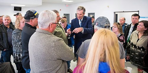 MIKAELA MACKENZIE / WINNIPEG FREE PRESS
Premier Brian Pallister talks to people at a town hall on the proposed Lake Manitoba outlet in St. Laurent, Manitoba on Monday, April 16, 2018. 
Mikaela MacKenzie / Winnipeg Free Press 2018.