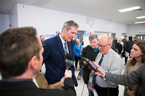 MIKAELA MACKENZIE / WINNIPEG FREE PRESS
Premier Brian Pallister scrums with the media at a town hall on the proposed Lake Manitoba outlet in St. Laurent, Manitoba on Monday, April 16, 2018. 
Mikaela MacKenzie / Winnipeg Free Press 2018.