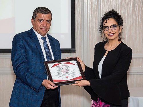 MEKKAWYTIME PHOTOGRAPHY / SUBMITTED PHOTO

L-R: Faisal Zallama (Canadian Arab Association of Manitoba president) honours Samar Safi-Harb as the Canadian Arab Association of Manitoba (CAAM) held its gala dinner on April 7, 2018 at the Holiday Inn Winnipeg South. (See Social Page)