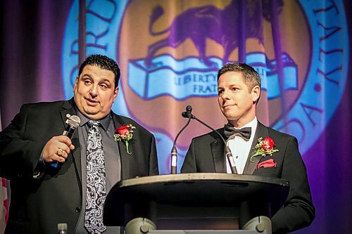 SUBMITTED PHOTO / STEWART BUCKNER

Mayor Brian Bowman (right) and gala co-chair Joe Leuzzi speak to the crowd at the Sons of Italy, Garibaldi Lodge, 32nd Annual Gala Dinner on Saturday, March 10, 2018 at the RBC Convention Centre Winnipeg. (See Social Page)