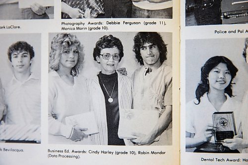 MIKAELA MACKENZIE / WINNIPEG FREE PRESS
Audrey Jones in the 1985 yearbook in Winnipeg on Tuesday, April 17, 2018. Jones was active in many different facets of student life during her teaching career at the Technical Vocational High School.
Mikaela MacKenzie / Winnipeg Free Press 2018.