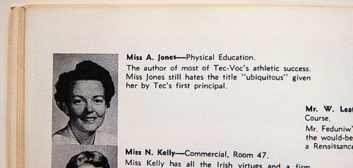 MIKAELA MACKENZIE / WINNIPEG FREE PRESS
Audrey Jones in the 1962-63 yearbook in Winnipeg on Tuesday, April 17, 2018. Jones was active in many different facets of student life during her teaching career at the Technical Vocational High School.
Mikaela MacKenzie / Winnipeg Free Press 2018.