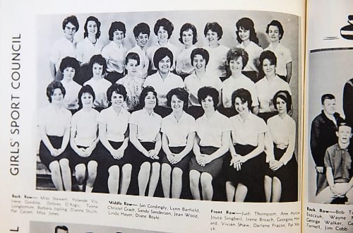 MIKAELA MACKENZIE / WINNIPEG FREE PRESS
Audrey Jones in the 1962-63 yearbook in Winnipeg on Tuesday, April 17, 2018. Jones was active in many different facets of student life during her teaching career at the Technical Vocational High School.
Mikaela MacKenzie / Winnipeg Free Press 2018.