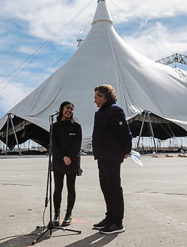 MIKE DEAL / WINNIPEG FREE PRESS
Singer Maria Aragon and Cavalia's Founder and Artistic Director, Normand Latourelle, speak during the raising of the White Big Top at the Cavalia Odysseo site Tuesday morning. Maria Aragon will be performing during the shows in May.
180417 - Tuesday, April 17, 2018.