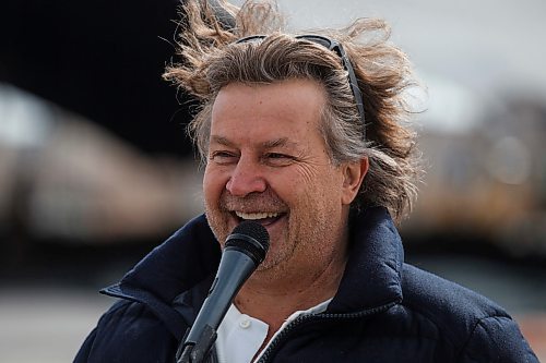 MIKE DEAL / WINNIPEG FREE PRESS
Cavalia's Founder and Artistic Director, Normand Latourelle, speaks during the raising of the White Big Top at the Cavalia Odysseo site Tuesday morning.
180417 - Tuesday, April 17, 2018.